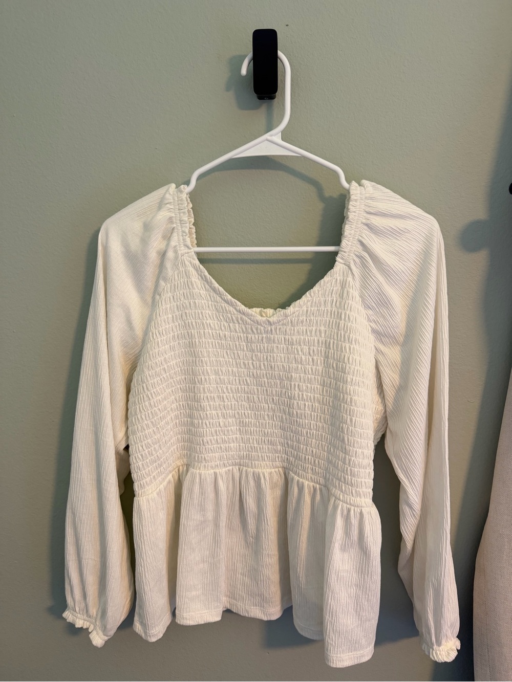 Cream Smocked Peplum Blouse/Top - Long Sleeve